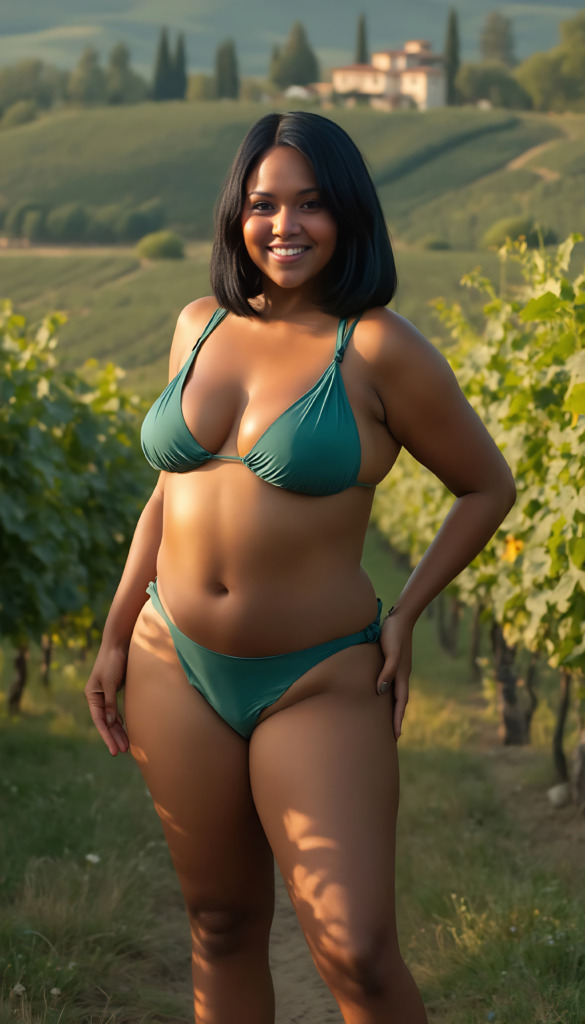 Vrou staan in 'n groen bikini te midde van 'n pragtige landskap met groen wingerde en lieflike heuwels in die agtergrond.