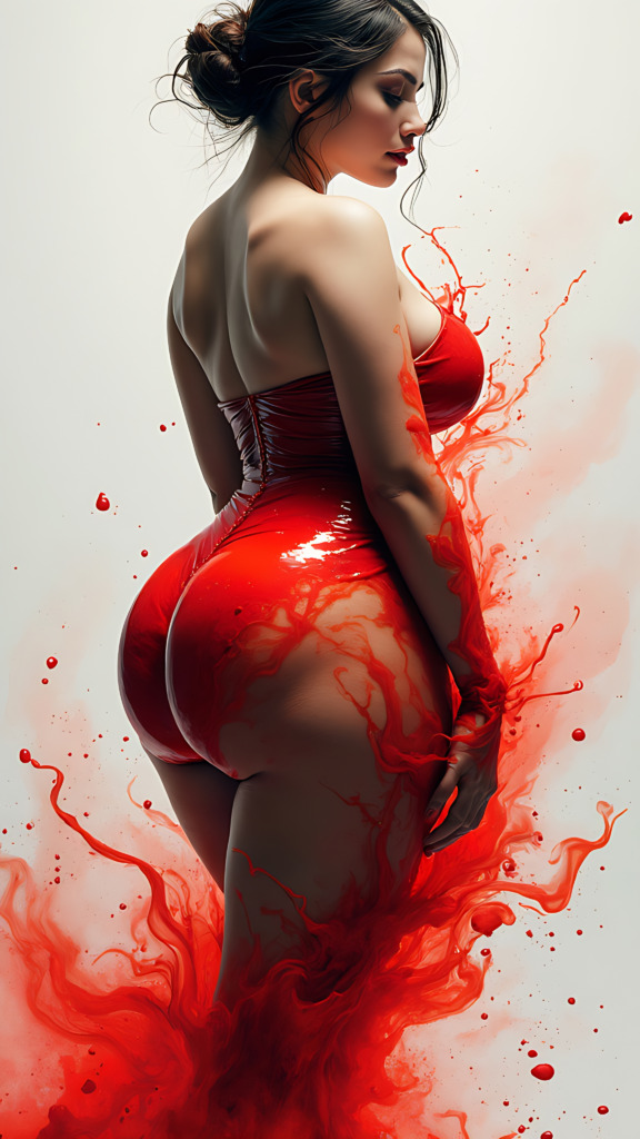 Artistic photo of a woman in a form-fitting red dress with swirling red paint effects.