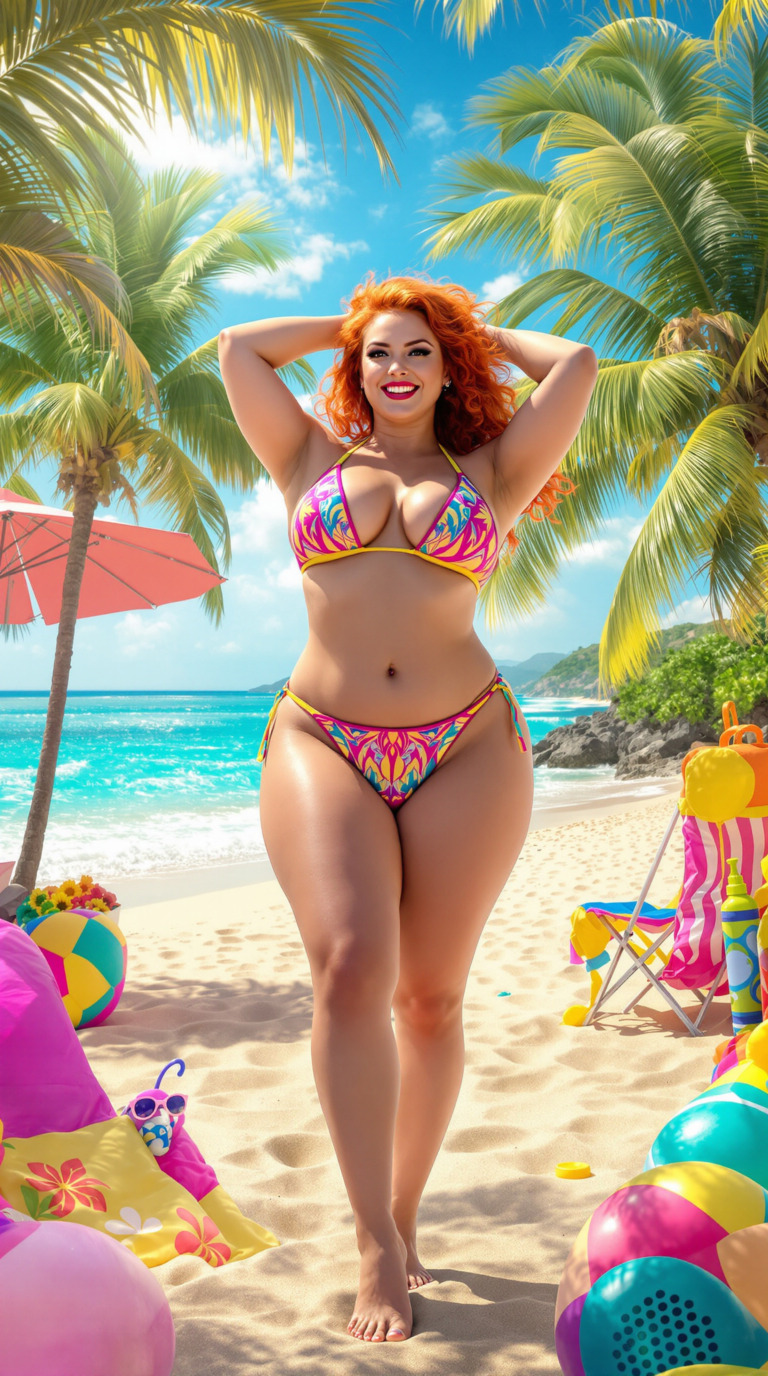 'n Digitale kunswerk van 'n mooi sexy vrou met rooi hare wat op 'n tropiese strand staan. Sy het lekker groot tiete en wye sexy heupe. CC0.