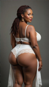 'n Swart vrou met 'n donker beeldskone vel poseer in with onderklere van kant. Sy het pragtige groot ontblote boude en haar kaal vel is mooi. Sy glimlag geheimsinnig en haar sensuele lippe is 'n ligte rooi wat haar gesig laat ophelder. Sy het lang hare wat oor haar rug hang.